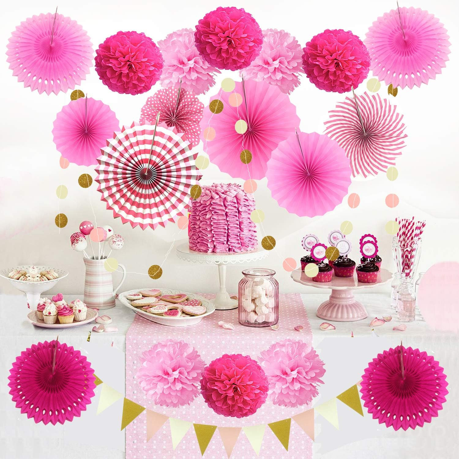 Zerodeco Party Decoration, 21 Pcs Pink Hanging Paper Fans, Pom Poms Flowers, Garlands String Polka Dot and Triangle Bunting Flags for Birthday Parties, Bridal Showers, Baby Showers, Wedding image number 6