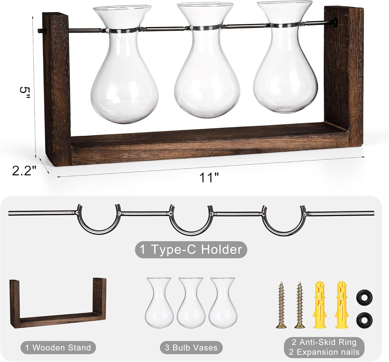 YIBOT Wall Hanging Planter Propagation Station,Plants Lover Gifts for Women, Plant Terrarium, Hydroponics Plants Home Office Living Room Wall Decor-3 Bulb Glass Vases