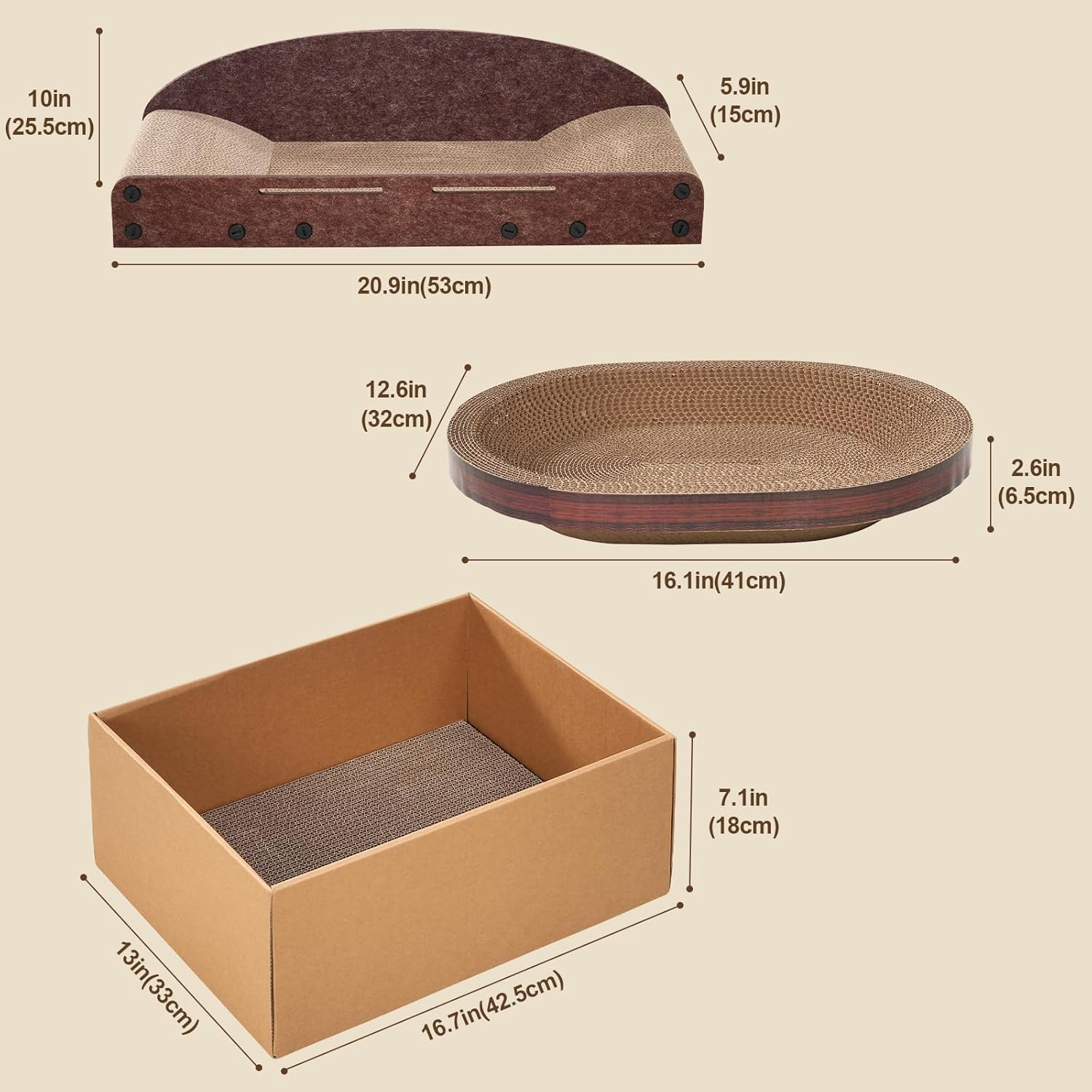 Avont Cat Scratcher Set, 3 Pcs Cardboard Cat Scratchers for Indoor Cats Durable Corrugated Cardboard Scratch Board Bed Lounge Box Toys for Kittens, Furniture Protector for Couch image number 1