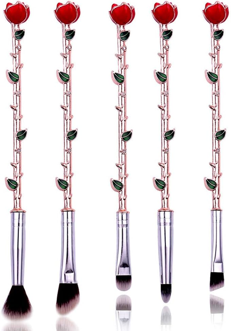 Rongji Jewelry Rose Gold 5Pcs Wand Makeup Brush Set - Synthetic Fiber, Metallic Handle - Eyebrow, Eyeshadow, Foundation, Blending, Lips - Great Gift