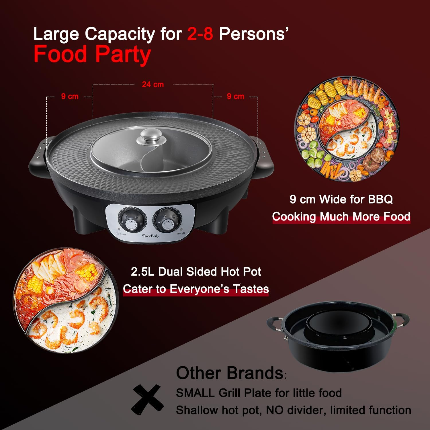 Food Party 2 in 1 Electric Smokeless Grill and Hot Pot