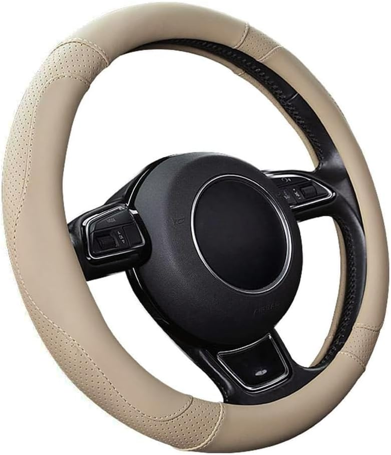 SFONIA Car Steering Wheel Cover Steering Wheel Protector Microfiber Leather Universal 37-38Cm / 15" Anti-Slip Breathable Durable (Beige Colour)