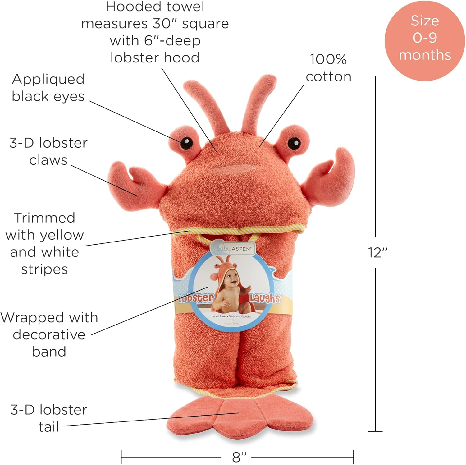 Baby Aspen Baby Boys Lobster Laughs (Updated Gift Packaging) Hooded Towel, Orange, 1 Count US image number 6