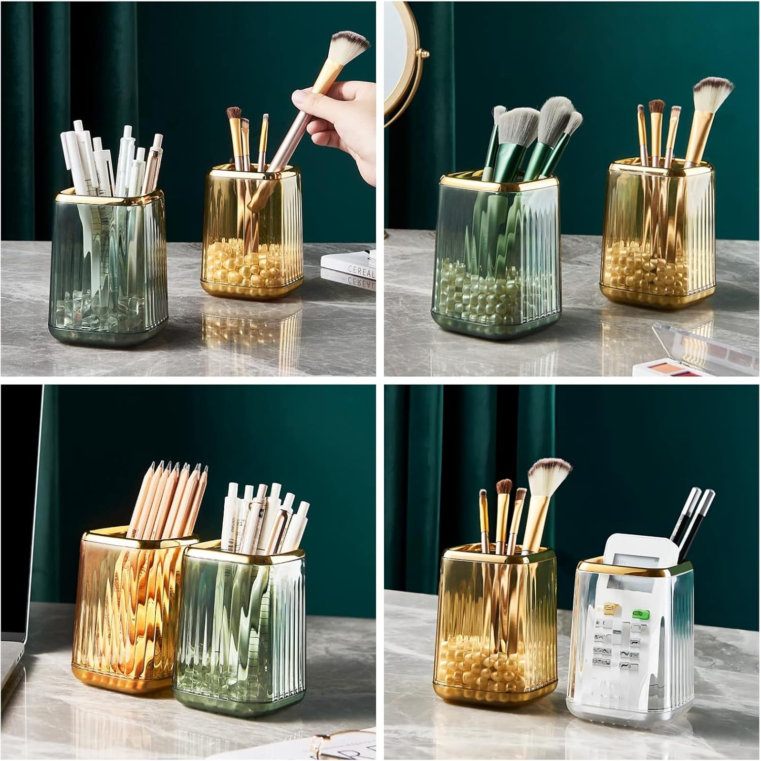 DASITON Makeup Brush Holder Organizer,Plastic Square Cosmetic Brush Storage Holder,Vintage Stripe Makeup Brush Cup Pen Pencil Holder(Amber) - Clear image number 5