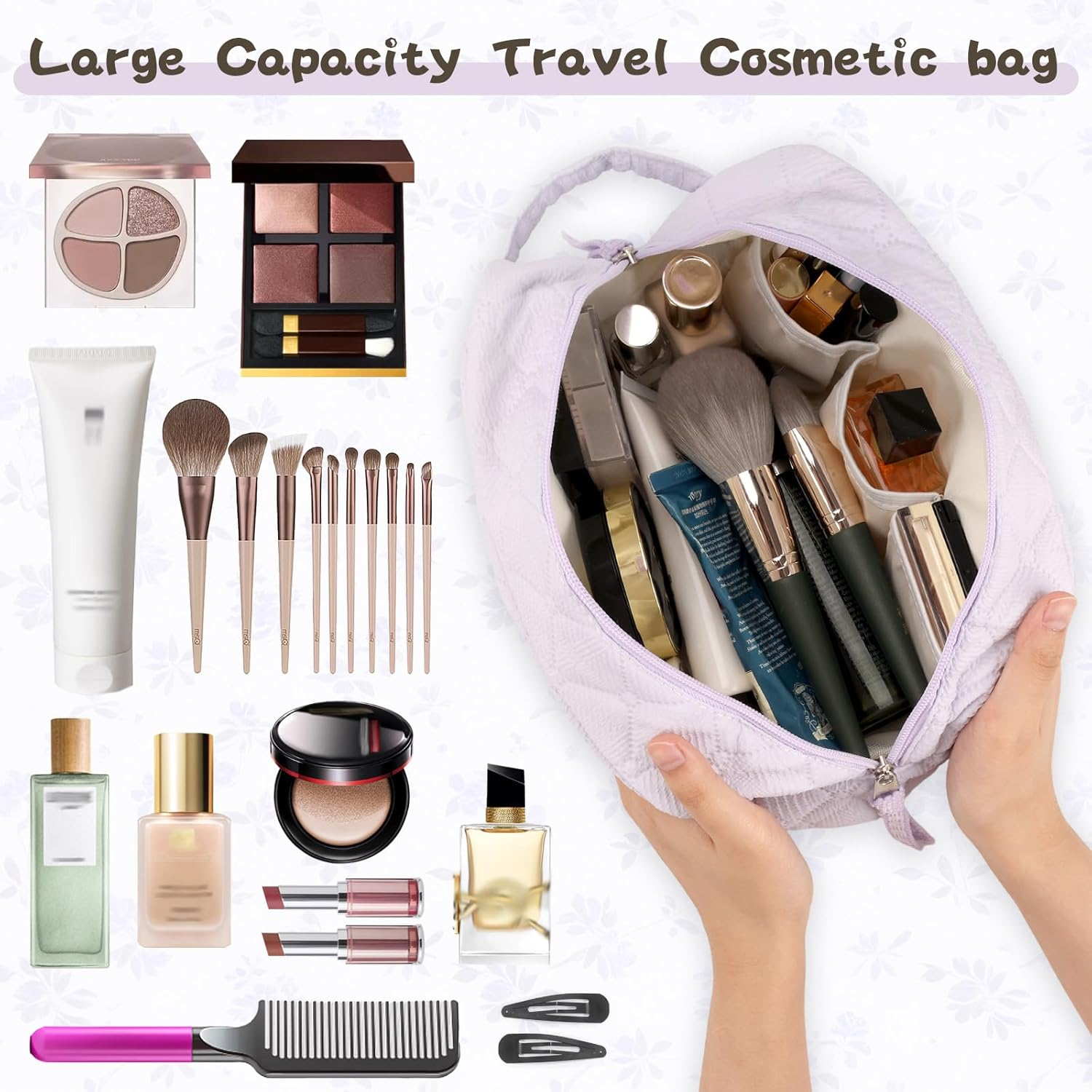 Makeup Bag, Quilted Make up Bag with Handle & Zipper, Lightweight Cosmetic Bag for Women Travel Toiletry Skin Care (Purple) image number 3