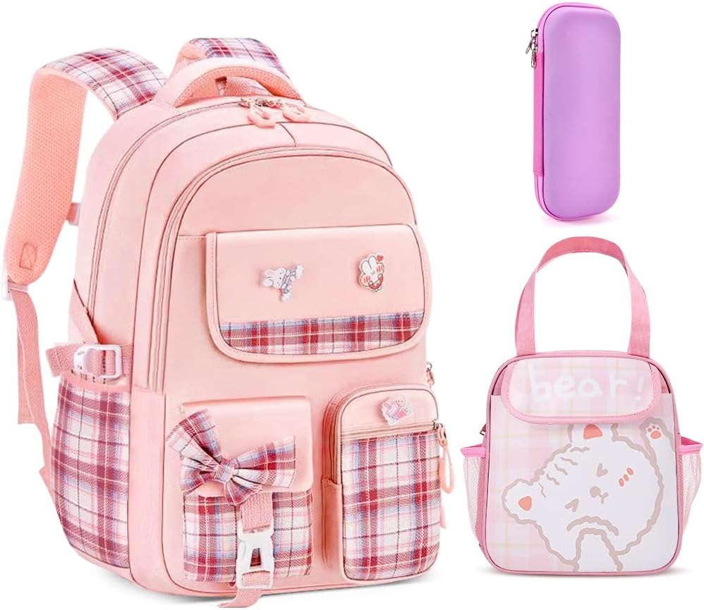 WOTOW School Backpack for Girls, Large Capacity Water Resistant Schoolbags with Lunch Bag Pencil Case & Cute Pendants, Ideal Children Teens Primary to Middle School