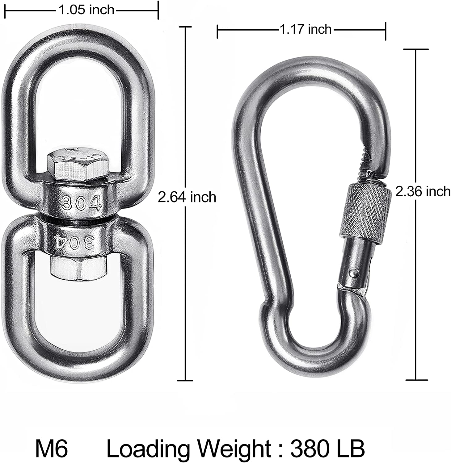 2+1 Heavy Duty 304 Stainless Steel Swivel Ring Double Ended Swivel Eye Hook with SUS304 Snap Hooks for Web Tree Swing, Therapy Swing, Aerial Dance, Swing Spinner Hanger, Reliable and Safe (M6) image number 4