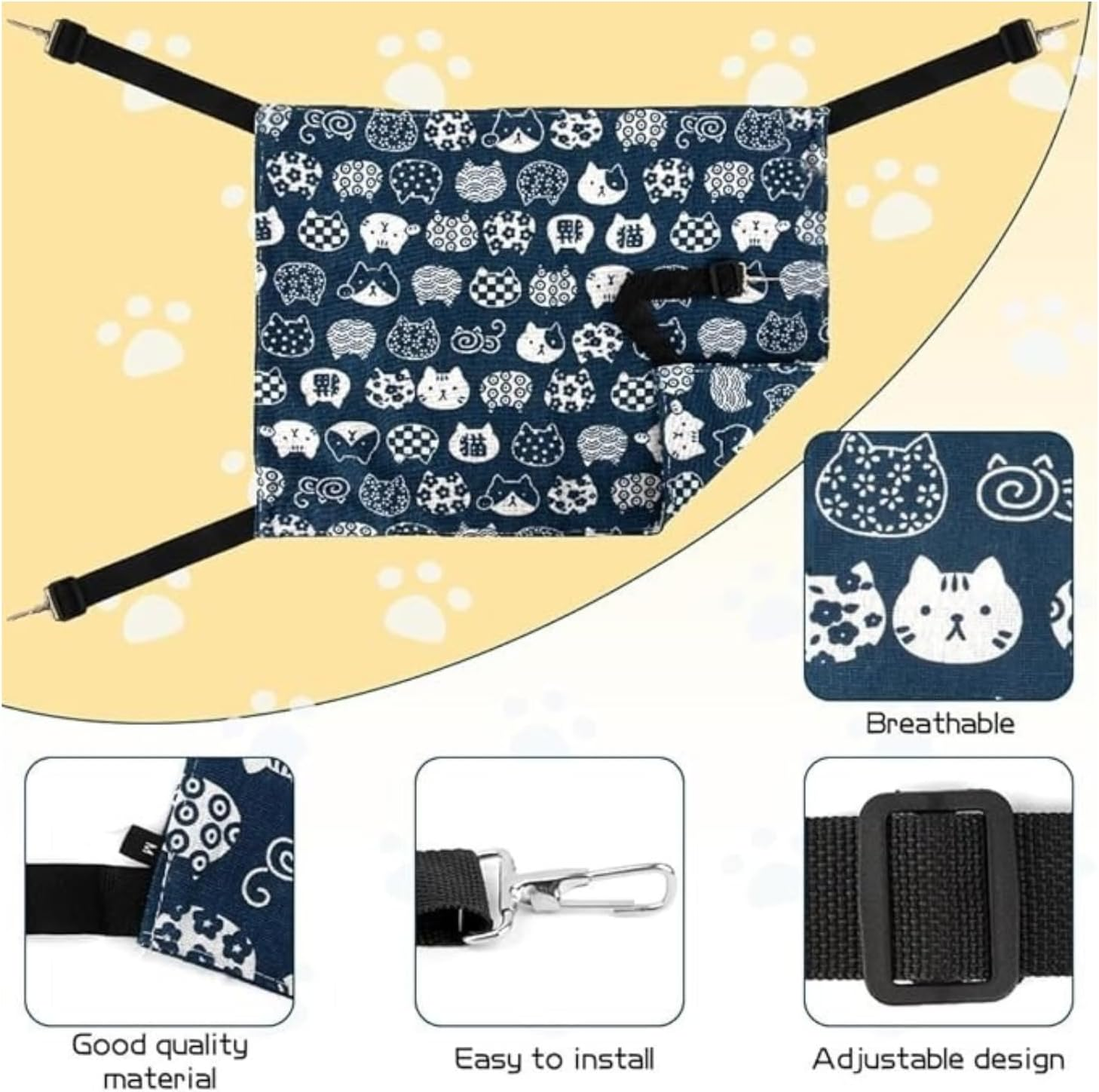 CKONXE Cat Hammock for Cage Hanging Reversible 2Pack, 35 X 50 Cm, Navy Cat Pattern,With Adjustable Straps and Metal Hooks，Soft Double-Sided Hammock Suitable for Cats, Puppy, Ferrets, and Small Animals image number 4