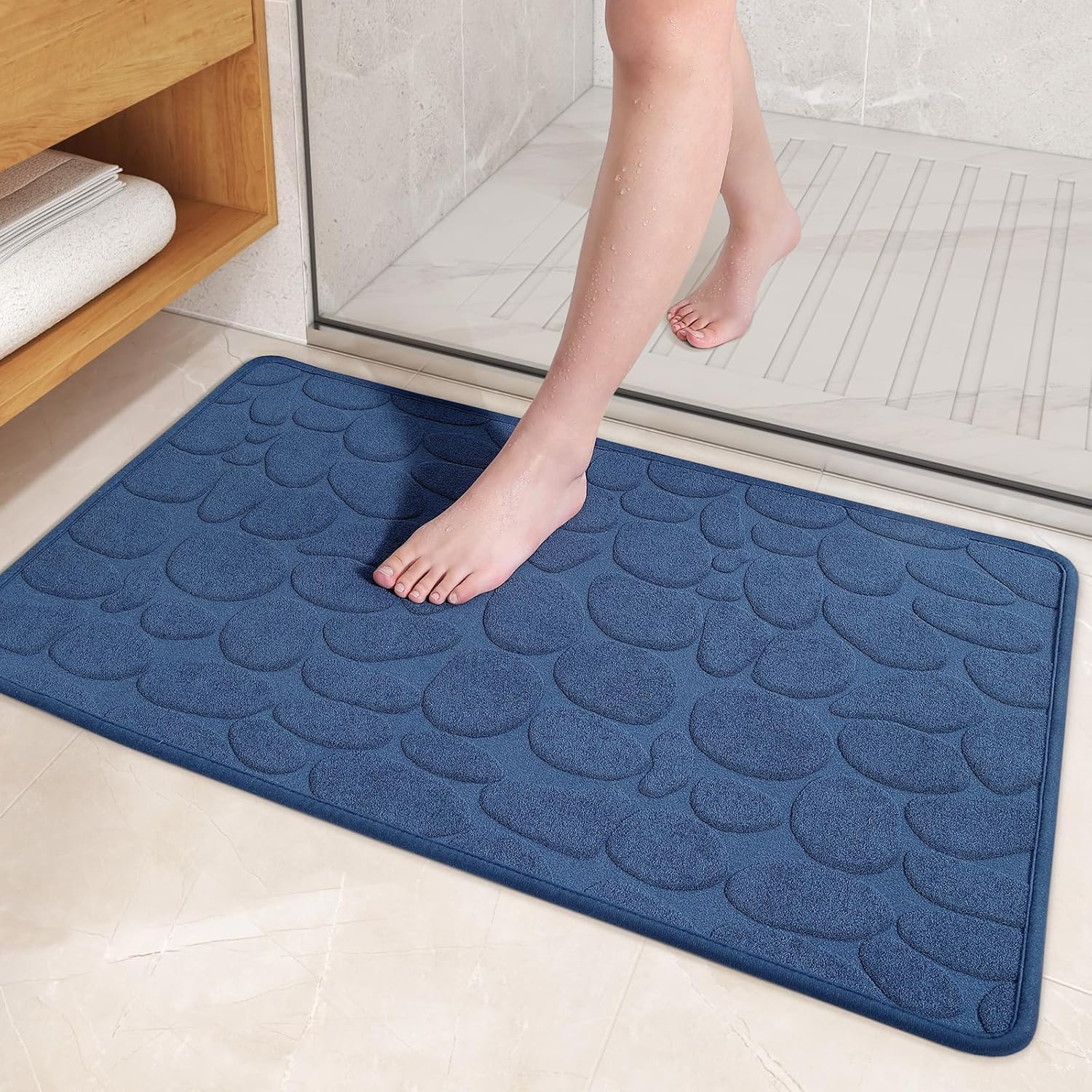 Color&Geometry Quick Dry Thin Bathroom Rugs Fit under Door- Super Absorbent, Non Slip Rubber Backing, Non Shedding, Washable Blue Bath Mat- 60X90Cm Large Bath Mats for Bathroom Floor image number 5