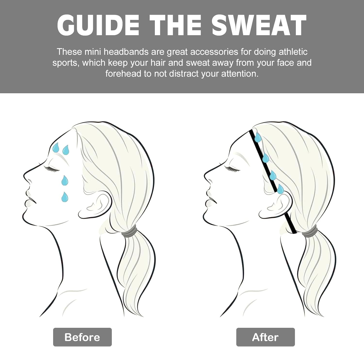 Non-Slip Elastic Sport Headbands for Women & Men -Lightweight Athletic Skinny Headband, Sweat Absorbing Hairband for Workout, Yoga, Gym, Tennis - Breathable Mini Sweatband for All Hair Types image number 2