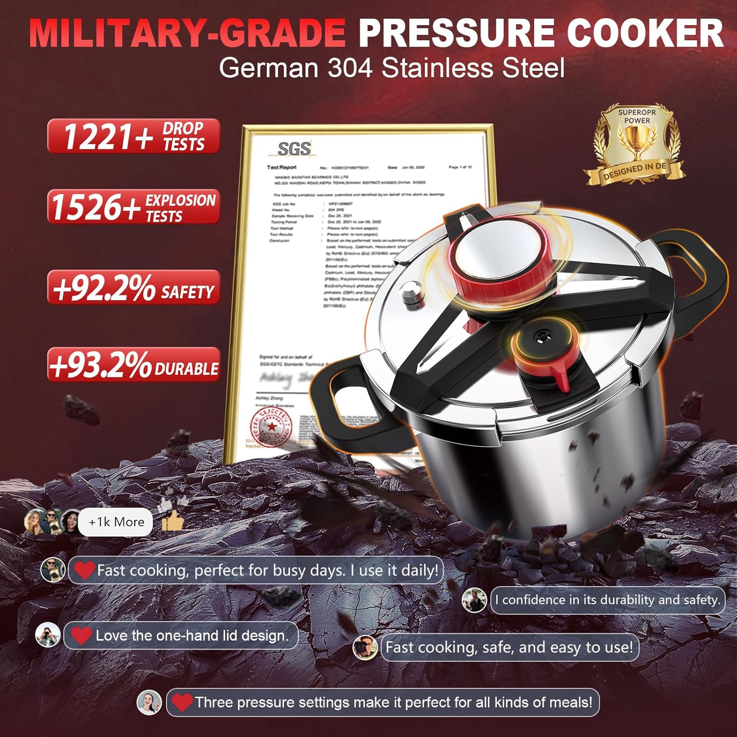3-In-1 Stainless Steel Pressure Cooker 10 Litre: [Save 70% Time] [3 PSI Settings], One-Hand Locking, Induction Compatible, Gas Stovetop Compatible, Glass Lid & Steamer Rack Included, Olla De Presion