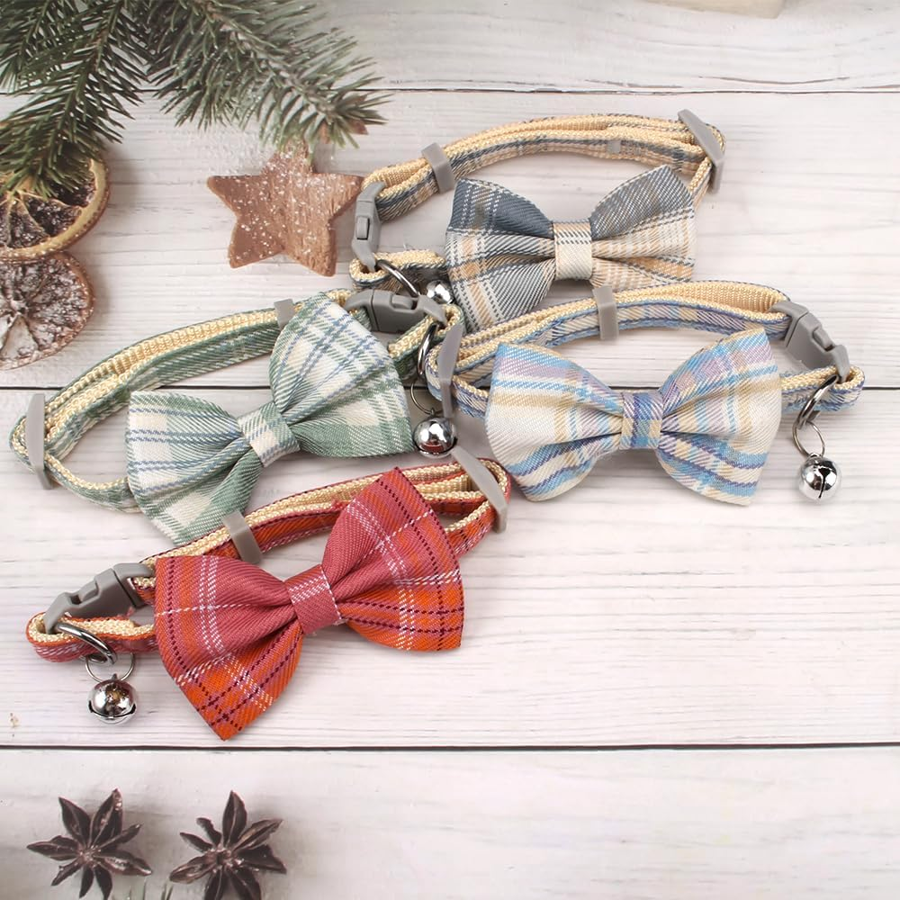 Set of 4 Blue and White Checked Cat Collars with Bow Tie and Bell Adjustable image number 5