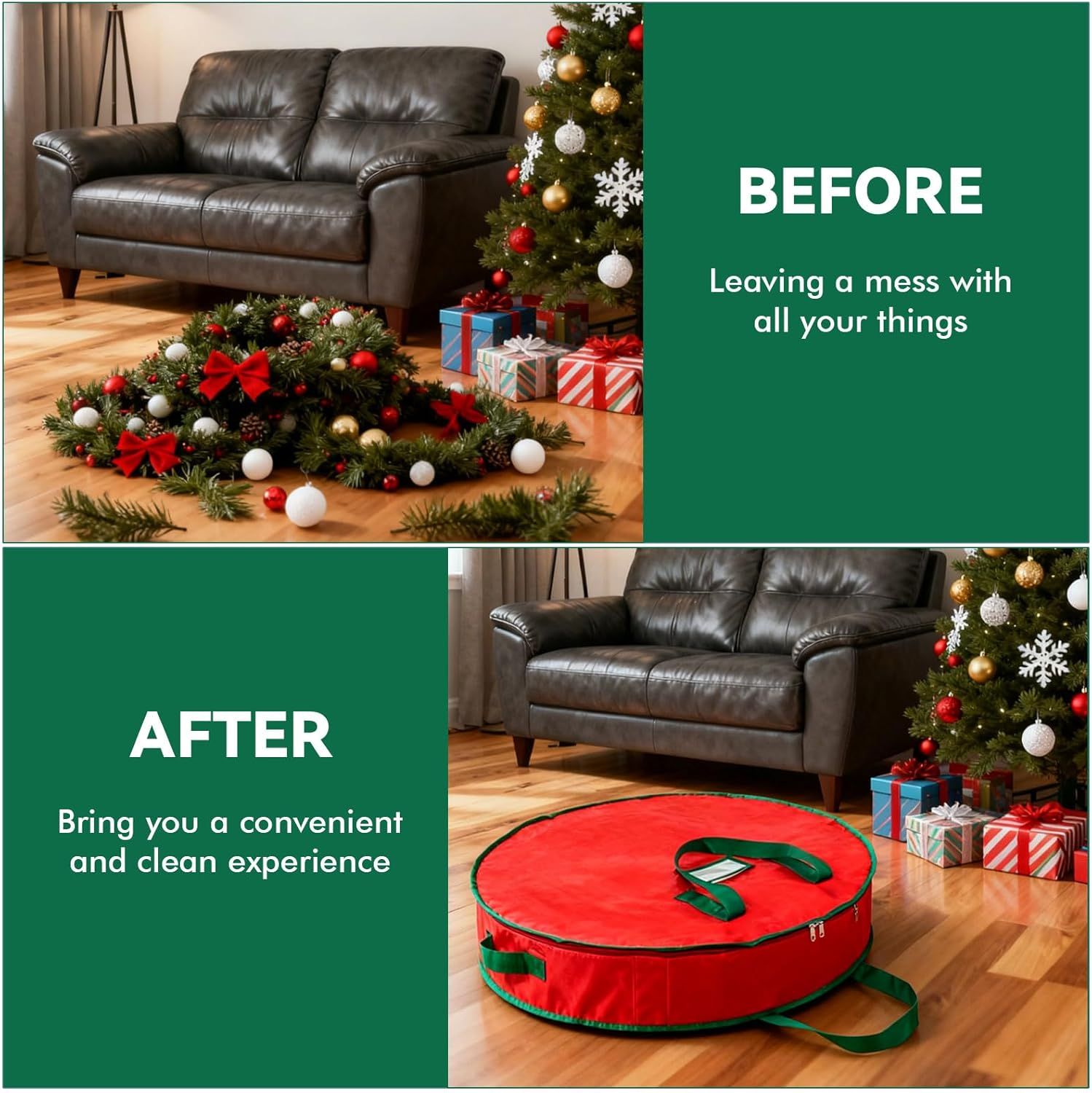 24 Inch Christmas Wreath Storage Bag Garland Wreaths Container &ndash; Waterproof Red Holder with Handles & Label Slot &ndash; Decorative Wreath Storage Container for Seasonal Decoration Storage, 61 X 61 X 18Cm image number 6