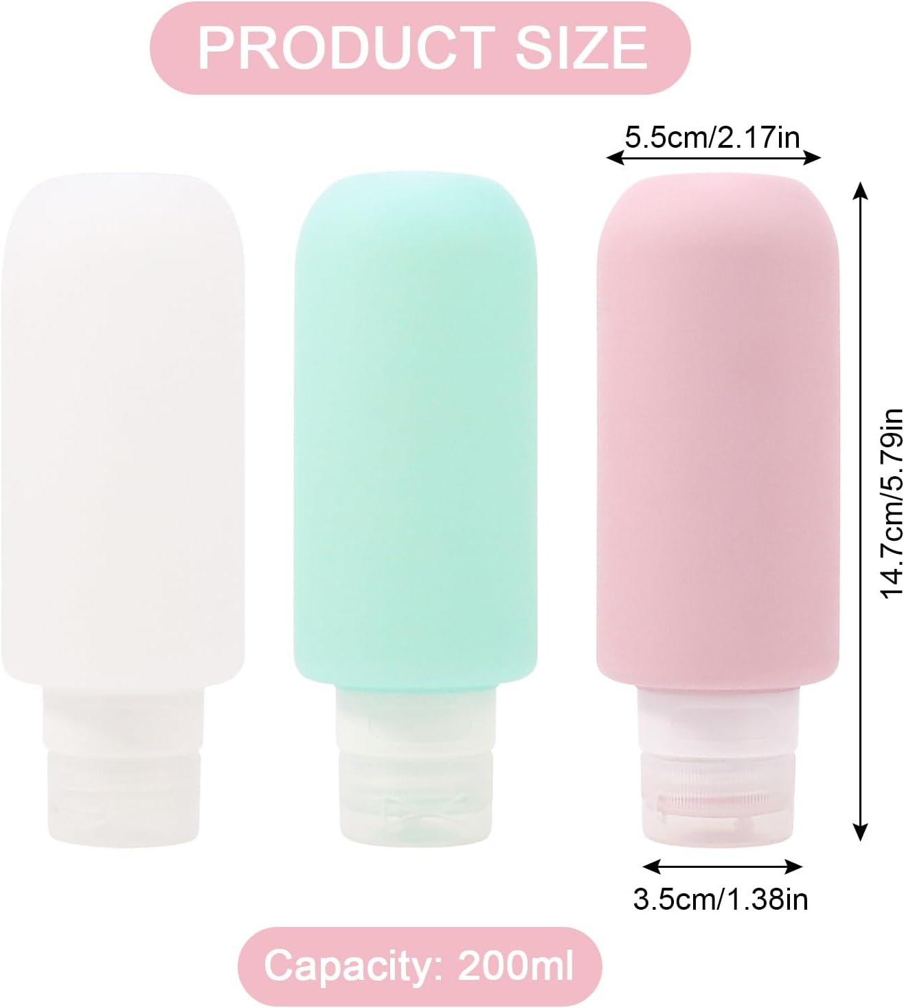 Silicone Travel Bottles 3Pcs Leak Proof Silicone Squeezable Containers for Toiletries, 200Ml Portable Travel Bottles Set for Traveling, BPA Free, Refillable, for Lotion Liquid, Shampoo, Conditioner