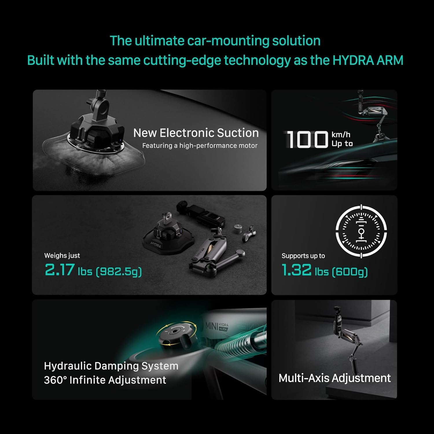 Tilta Hydra Alien Mini Electronic Suction Cup Kit - Titanium Gray | Compatible with DJI Pocket 3, and Other Action Cams/Smartphones | Hydraulic Damping | Adjustable Arm