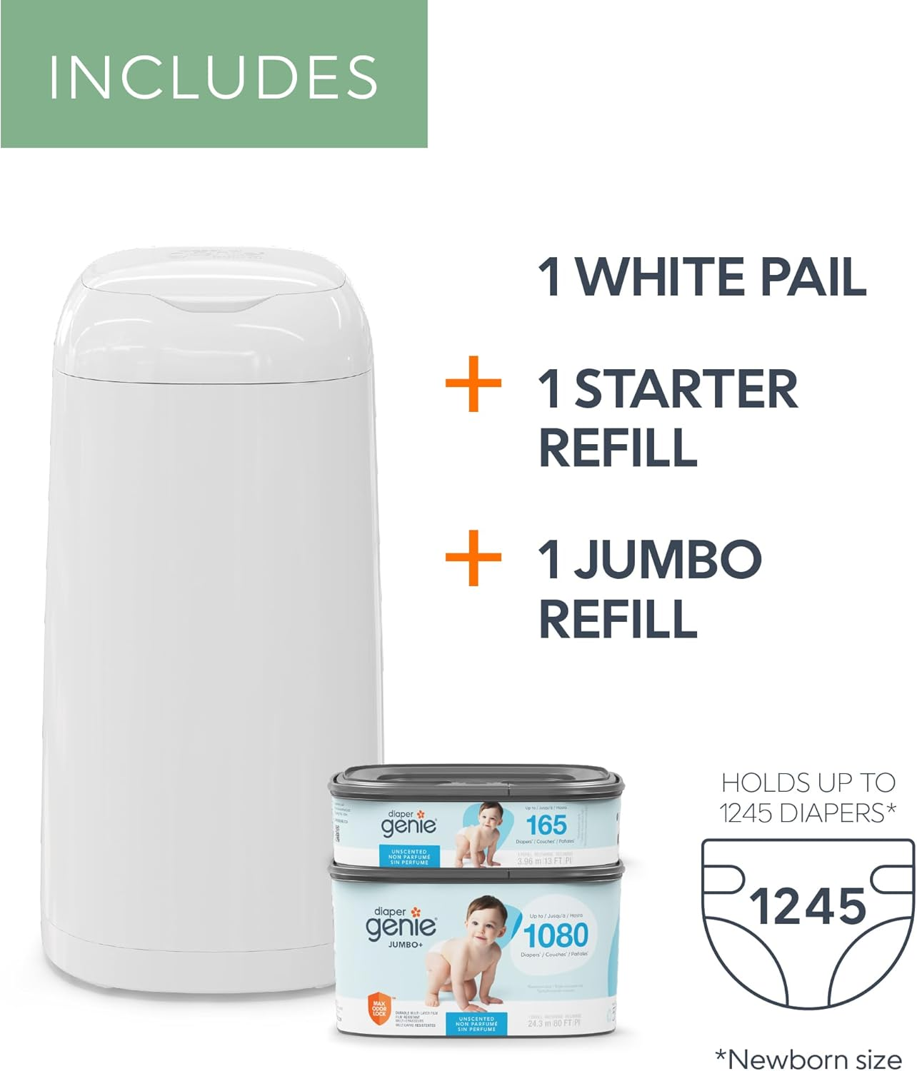 Diaper Genie Classic Gift Set | Baby Registry Must-Have | Odor Control with Push-N-Lock | Refill Supply for up to 1,245 Newborn Diapers image number 1