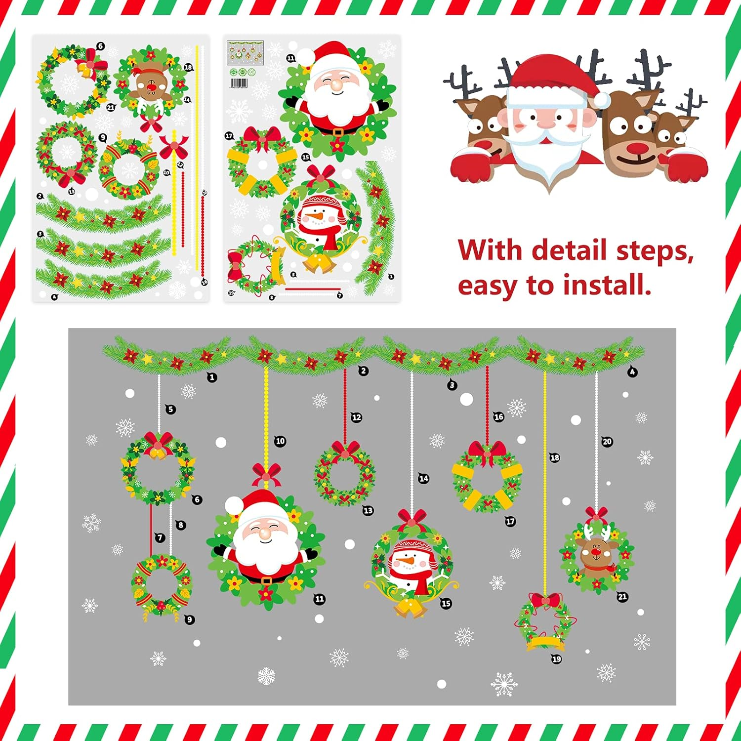 Hianjoo Christmas Window Stickers, 4 Sheets Xmas Glass Stickers with Snowflake, Snowman, Santa Claus, Garland for Christmas Indoor Wall Decorations Removable Window Display Showcase Door image number 5