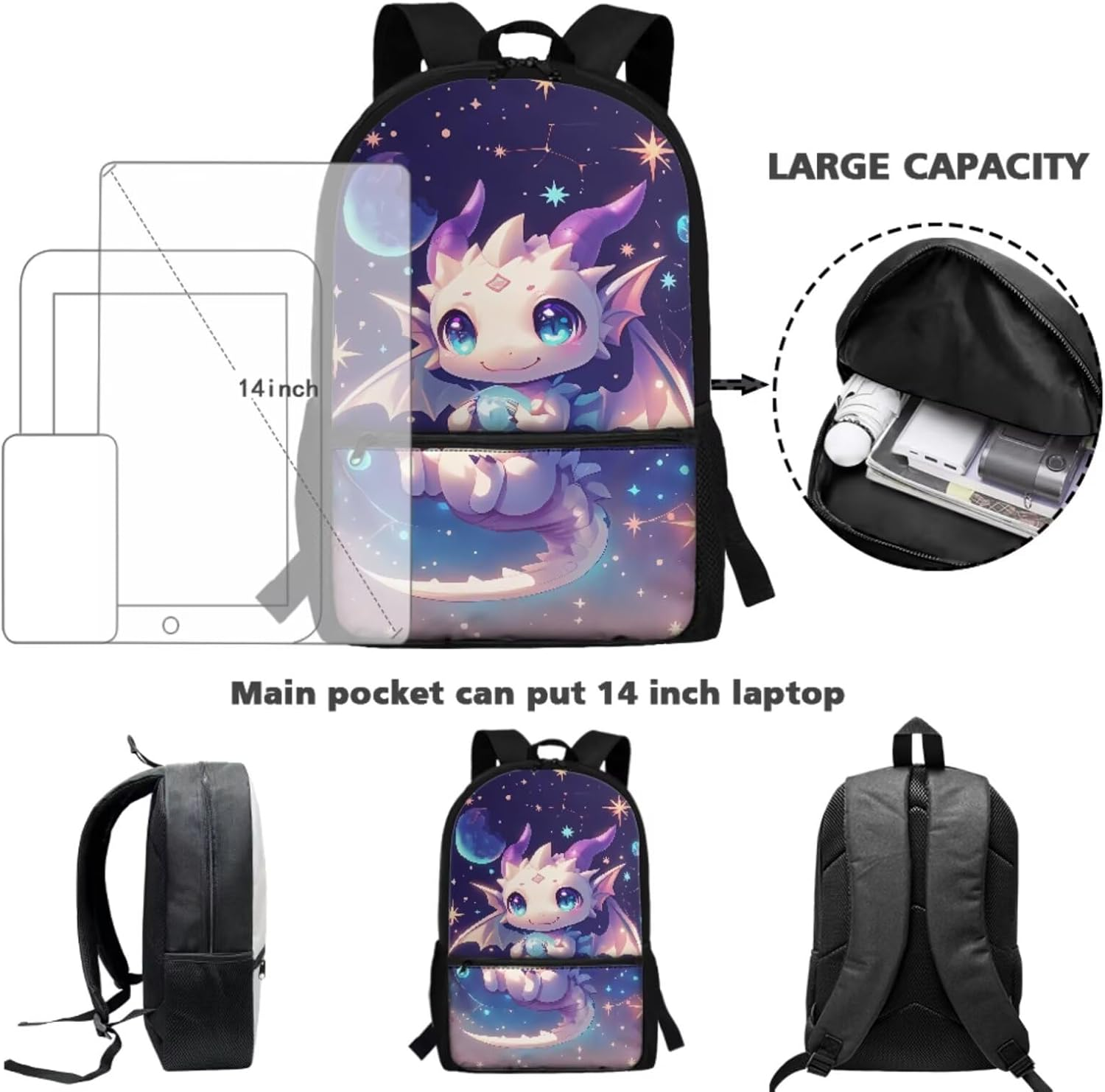 JEOCODY Kids Backpack Set 4 Piece School Bag with Lunch Bag Pencil Case Water Bottle Holder for Boys and Girls, Cute Galaxy Dragon Printed - Capybara Printed image number 5