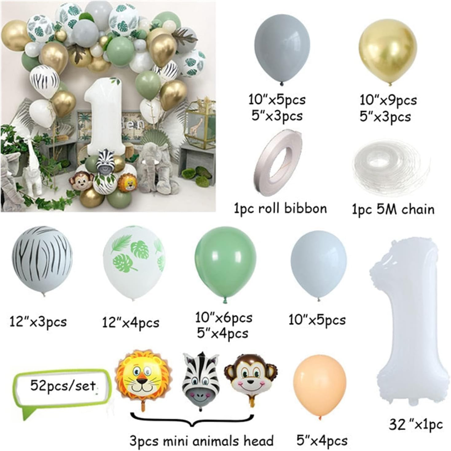 Jungle Safari Balloons Garland Kit Jungle Safari Party Supplies,1St Birthday Party Decorations Supplies,Green White Gold Balloon Arch Kit for Birthday Party Decorations.