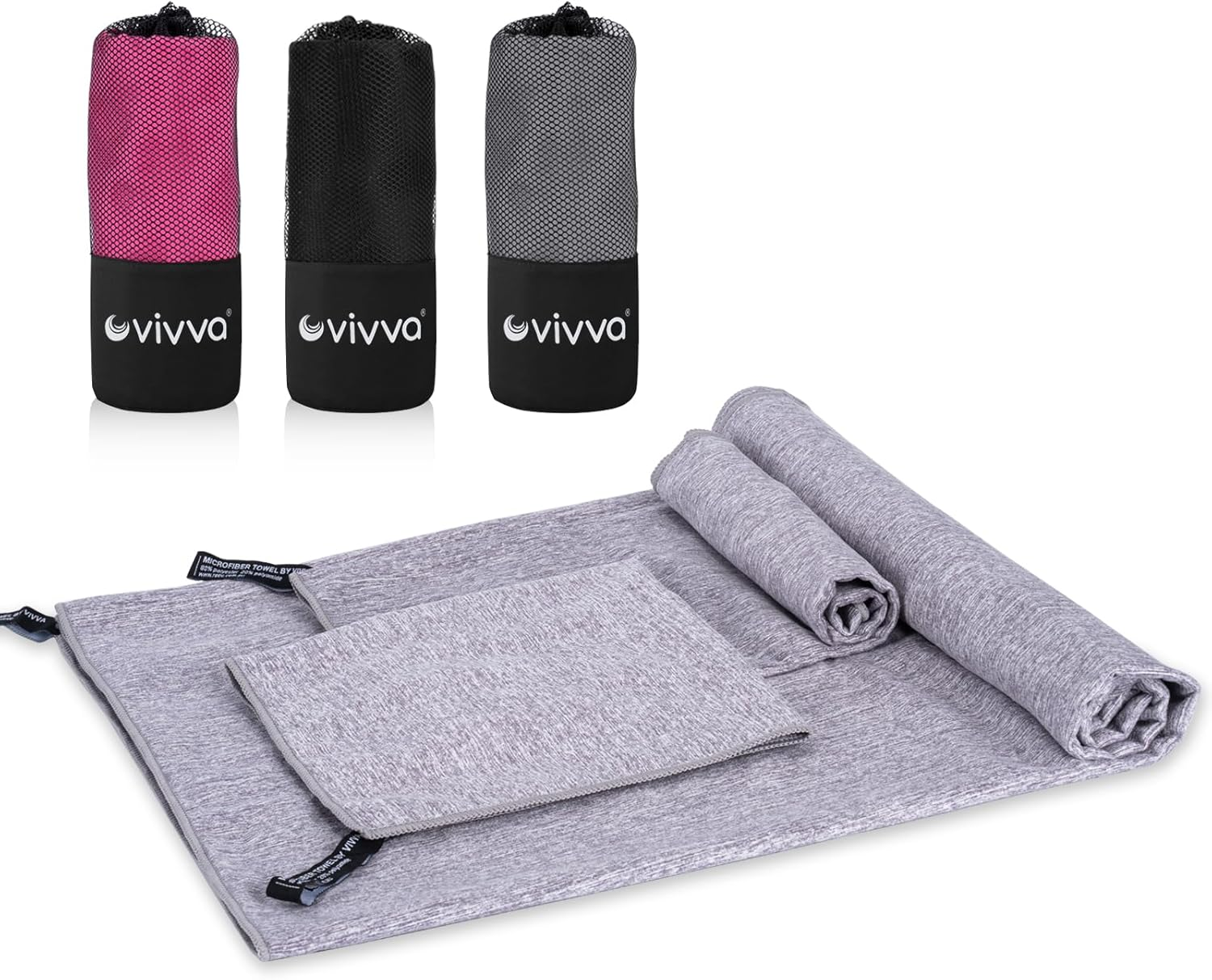 Vivva Microfibre Towel Travel，Camping Towels Set of 3, Quick Drying Bath Towels, Sports Fitness Reversible Fleece Quick Drying Towels for Gym, Pool, Yoga, Beach, Outdoor Travel (Grey)