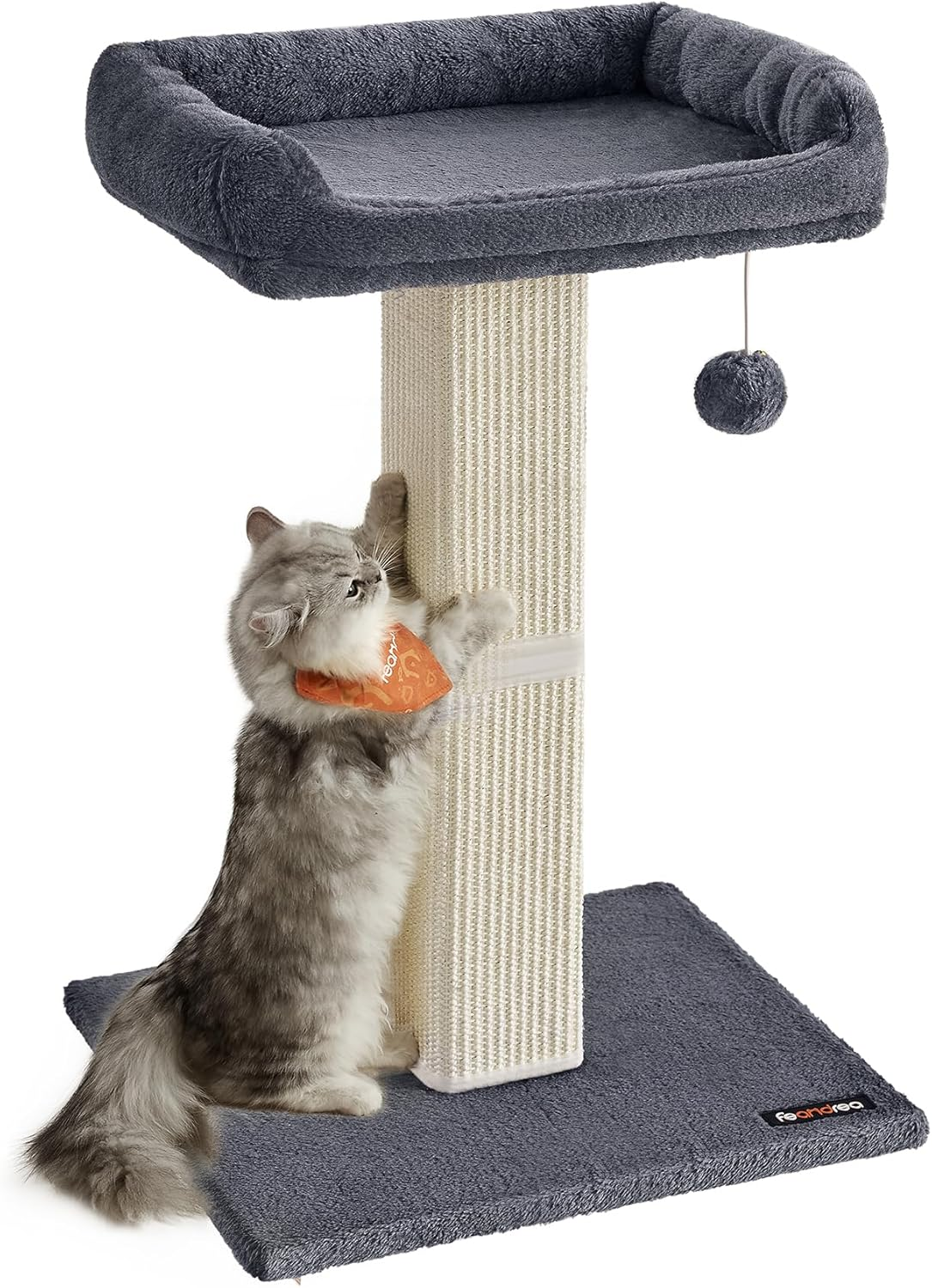 Feandrea Cat Scratching Post, 27.9-Inch Cat Scratcher with 15.7 X 11.8 Inches Plush Perch, Tall Scratch Post with Woven Sisal, Pompom, Removable Washable Cover, Beige UPCA022M01
