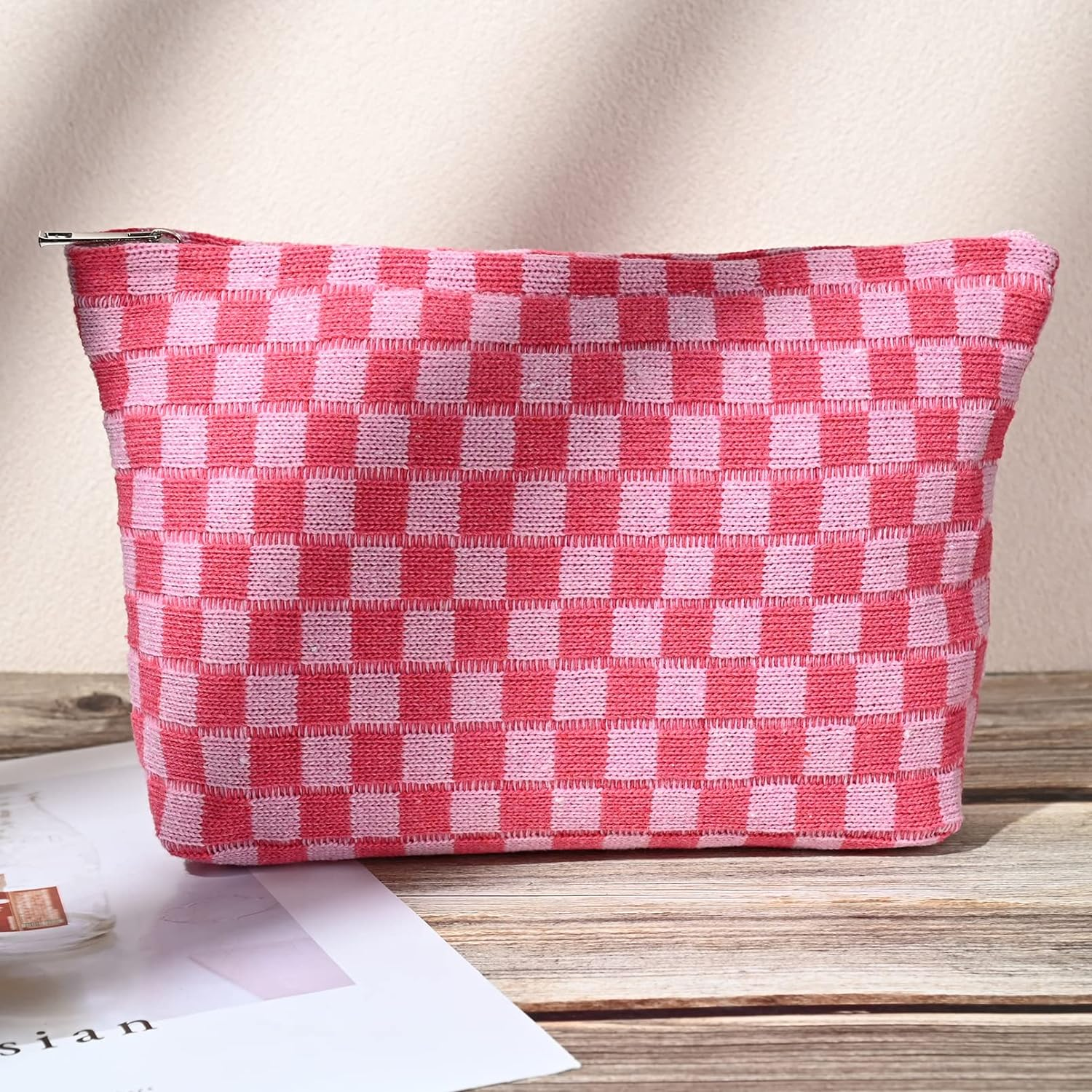 SOIDRAM 2 Pieces Makeup Bag Large Checkered Cosmetic Bag Pink Capacity Canvas Travel Toiletry Bag Organizer Cute Makeup Brushes Aesthetic Accessories Storage Bag for Women image number 6
