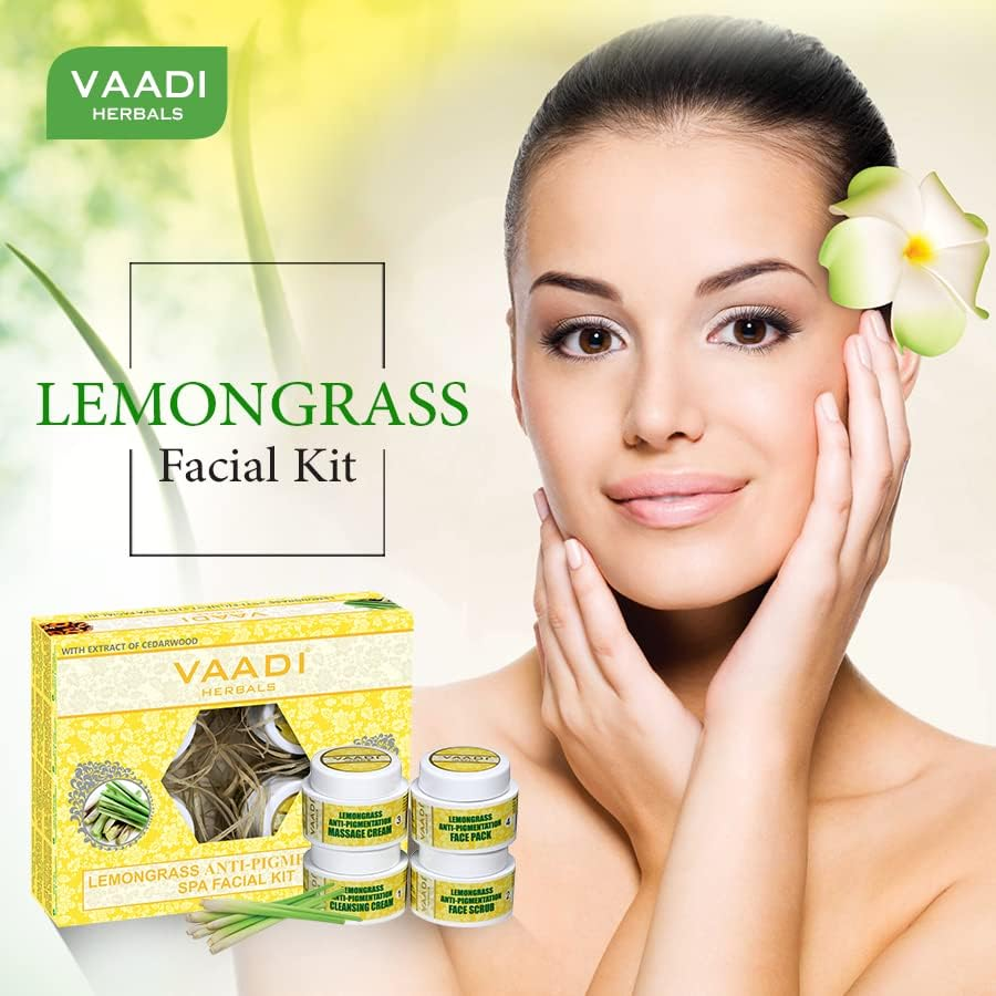 Vaadi Herbals Organic Facial Kit (Cleansing Cream + Face Scrub + Massage Cream + Face Pack ) - Lemongrass anti Pigmentation Spa Facial Kit with Cedarwood Extract - anti Aging Skin Care Acne Kit- Reduce Wrinkles under Eye Dark Circles - Sulfate Free - for Men Women All Skin Types - All Natural 70 Gms image number 6
