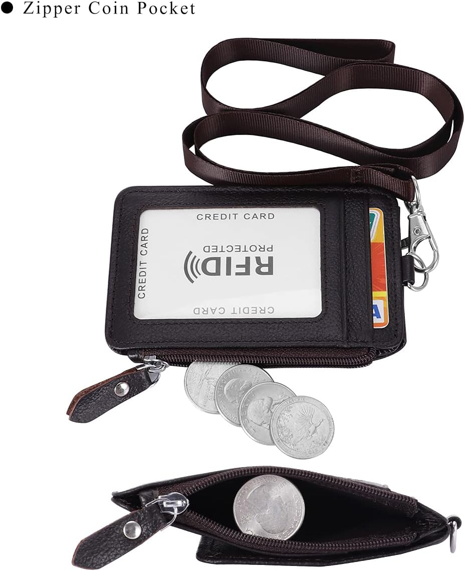 Badge Holder with Zipper Genuine Leather RFID Keychain Wallet Neck Lanyards with Swivel Hook for Card/Coin/Cash, Coffee - Coffee image number 5