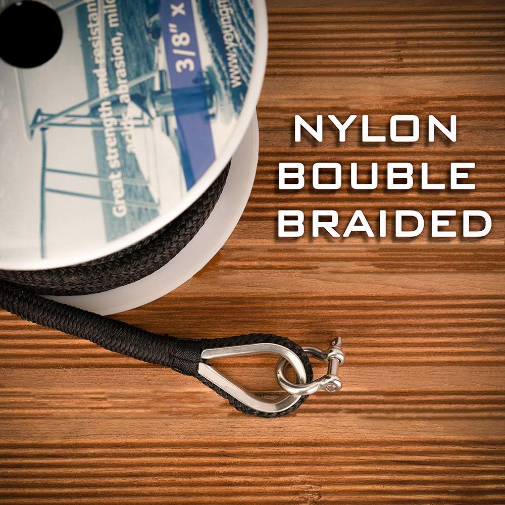 Young Marine Made 3/8 Inch 100FT 150FT Black Nylon Anchor Line Double Braided Anchor Rope/Line with Thimble (3/8" X 150') image number 2