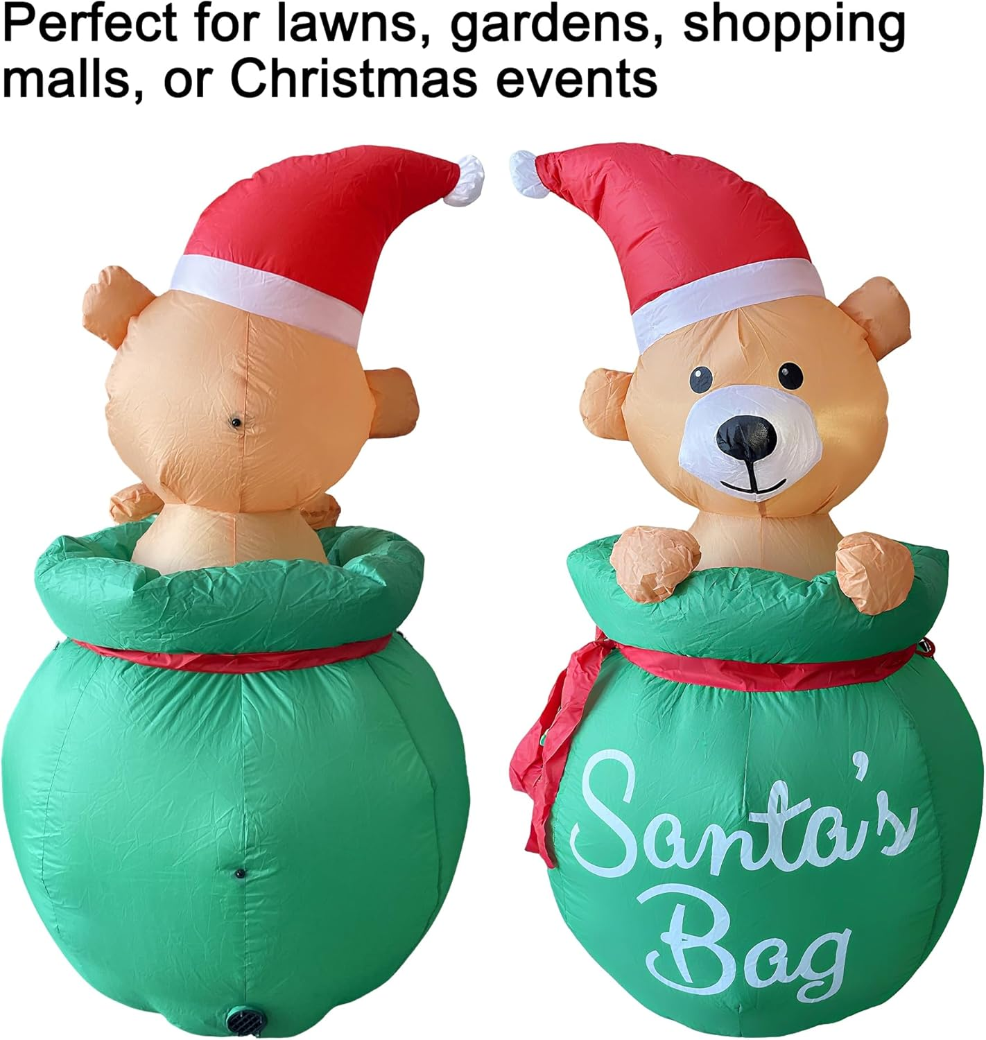 ONEIN 134CM Christmas Inflatables Teddy Bear in Santa&rsquo;S Bag with LED Lights - Cute Outdoor Blow up Decoration for Xmas Yard, Garden & Party - Weather-Resistant with Built-In Fan, Stakes & Sandbags image number 2