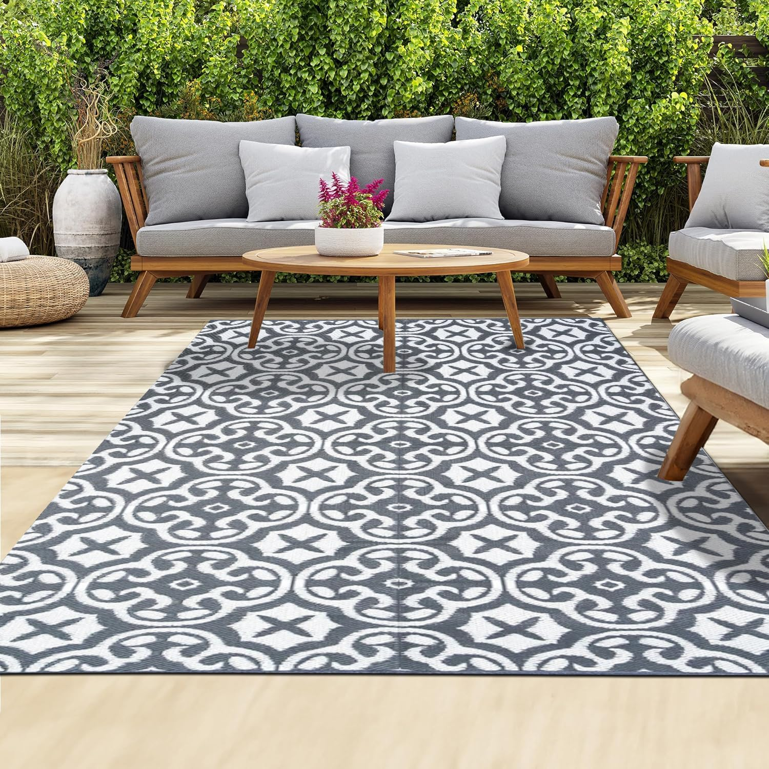 XCELERATOR Large Outdoor Rug for Patio, Reversible Portable Camping Rug, Weather Proof Plastic Straw Rug for RV Deck Camper Balcony, Lisboa Grey and White, 200X270Cm image number 3