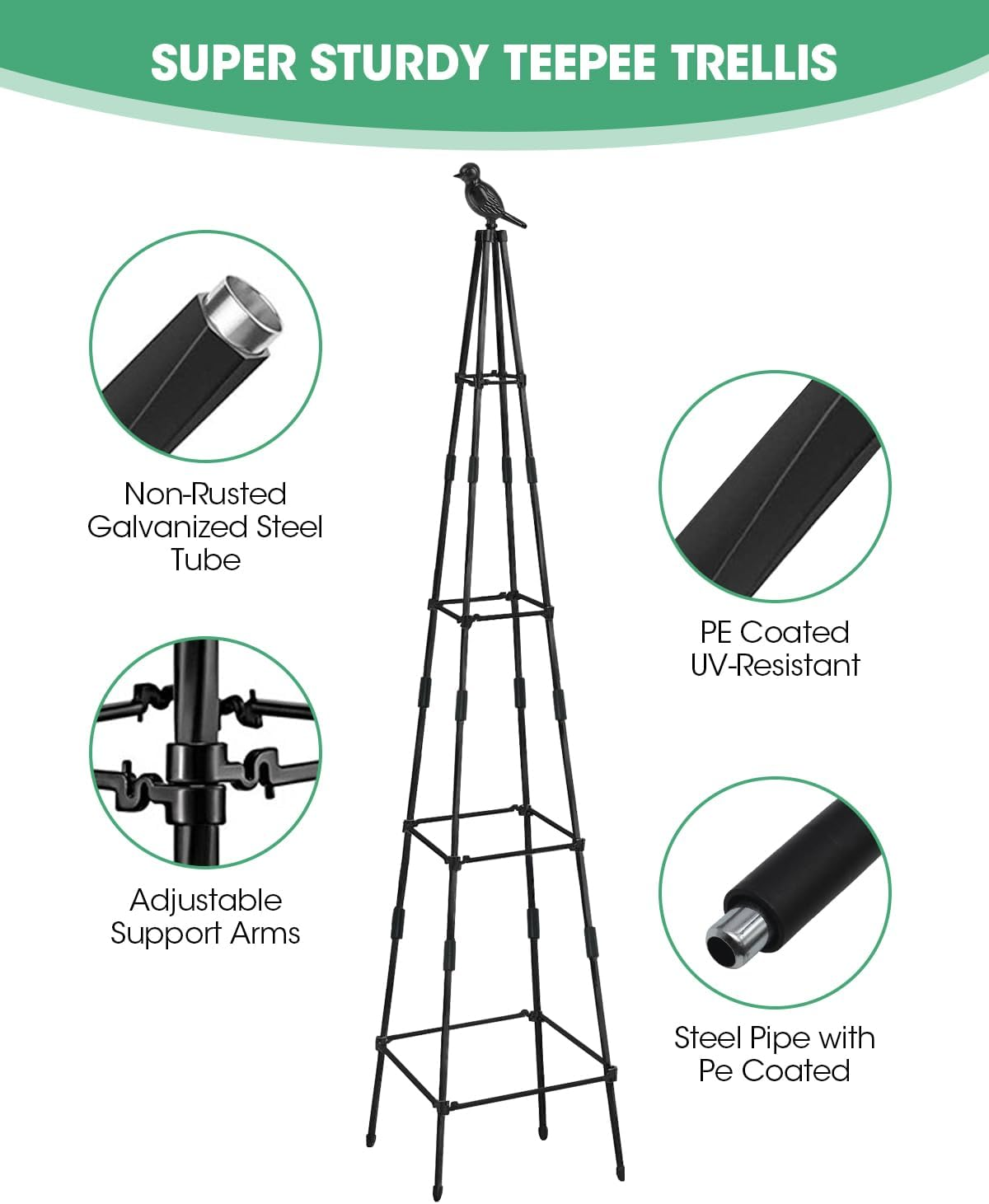 Trellis for Climbing Plants Outdoor, 2 Pack Plant Trellis Support for Climbing Vine, Plant Support Tower Cages Plastic Coated Metal Pipe Supports for Outdoor Indoor,Tomato Cage (Black, 6 FT) image number 3