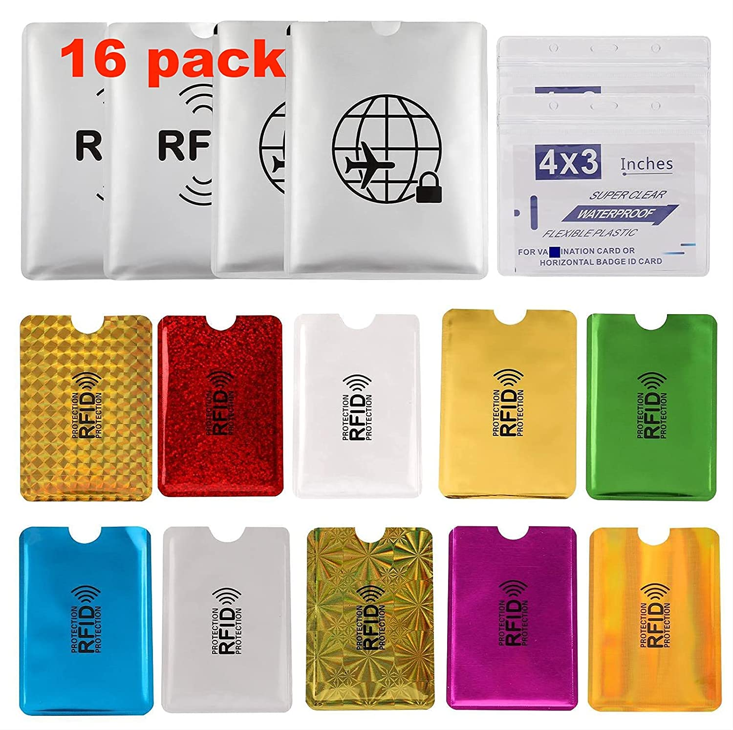 16 RFID Blocking Sleeves Set (10 Credit Card Holders & 4 Passport Protectors) Identity Theft Protection Secure Sleeves Set.Waterproof Aluminum Foil Slim Design Easily into Your Wallet, Blue,