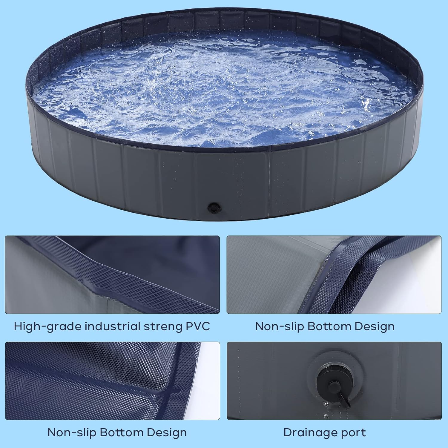 Dog Pool - Dog Pools for Large Dogs, Pet Pool Hard Plastic, Foldable Pool for Dogs Cats and Kids (63Inch.D X 12Inch.H, Grey) image number 4