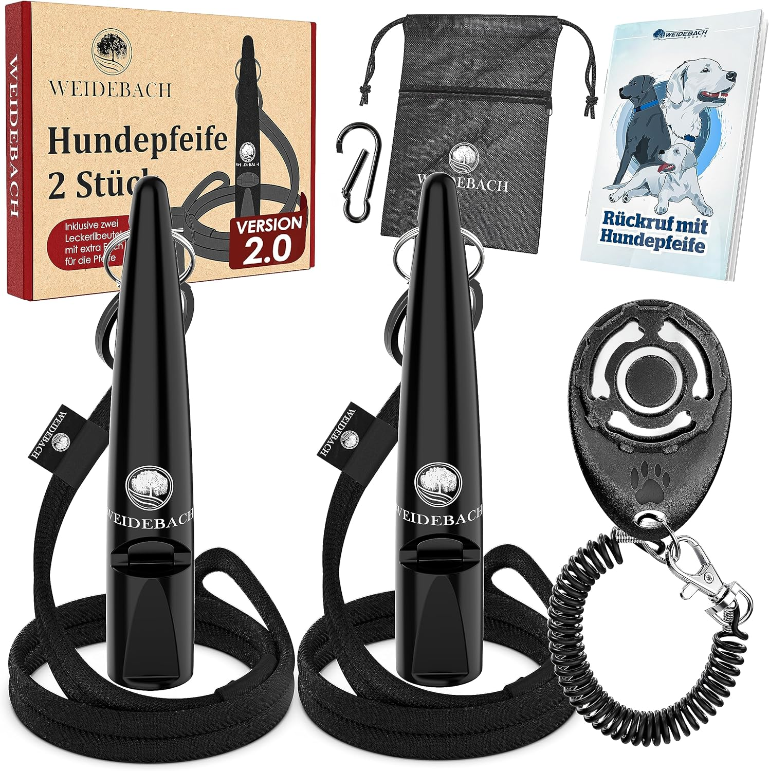 WEIDEBACH&reg; 2 X Improved Dog Whistle 2.0 with More Stable & Louder Sound, Includes Clicker, Treat Bag and E-Book for Training with Dog, Standardised, Quality Band & Mouthpiece, Successful Recall