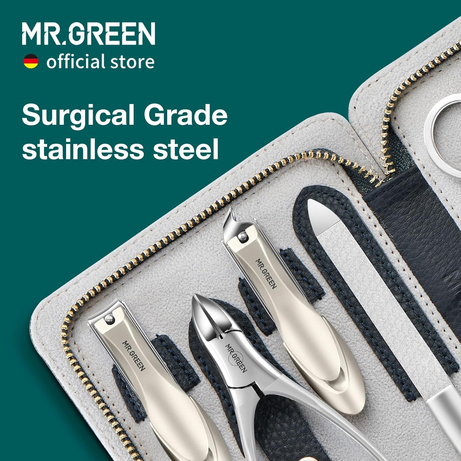 MR.GREEN Innate Luxury Manicure Set Surgical Grade Scissors Stainless Nail Clipper Kit Full Grain Cow Leather Package Pedicure (9 in 1 Manicure Set) image number 3