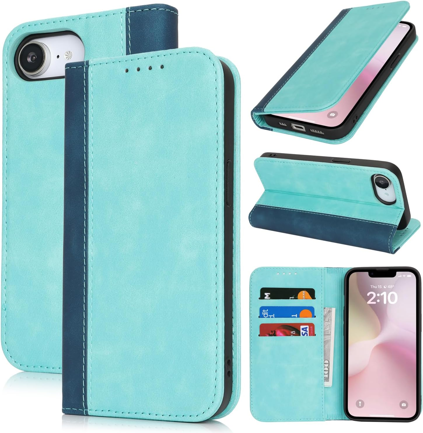 Cavor for Iphone 16E Case,Premium Leather Folio Flip Wallet Case Cover Magnetic Closure Book Design with Kickstand Feature & Card Slots(6.1")-Sky Blue image number 6