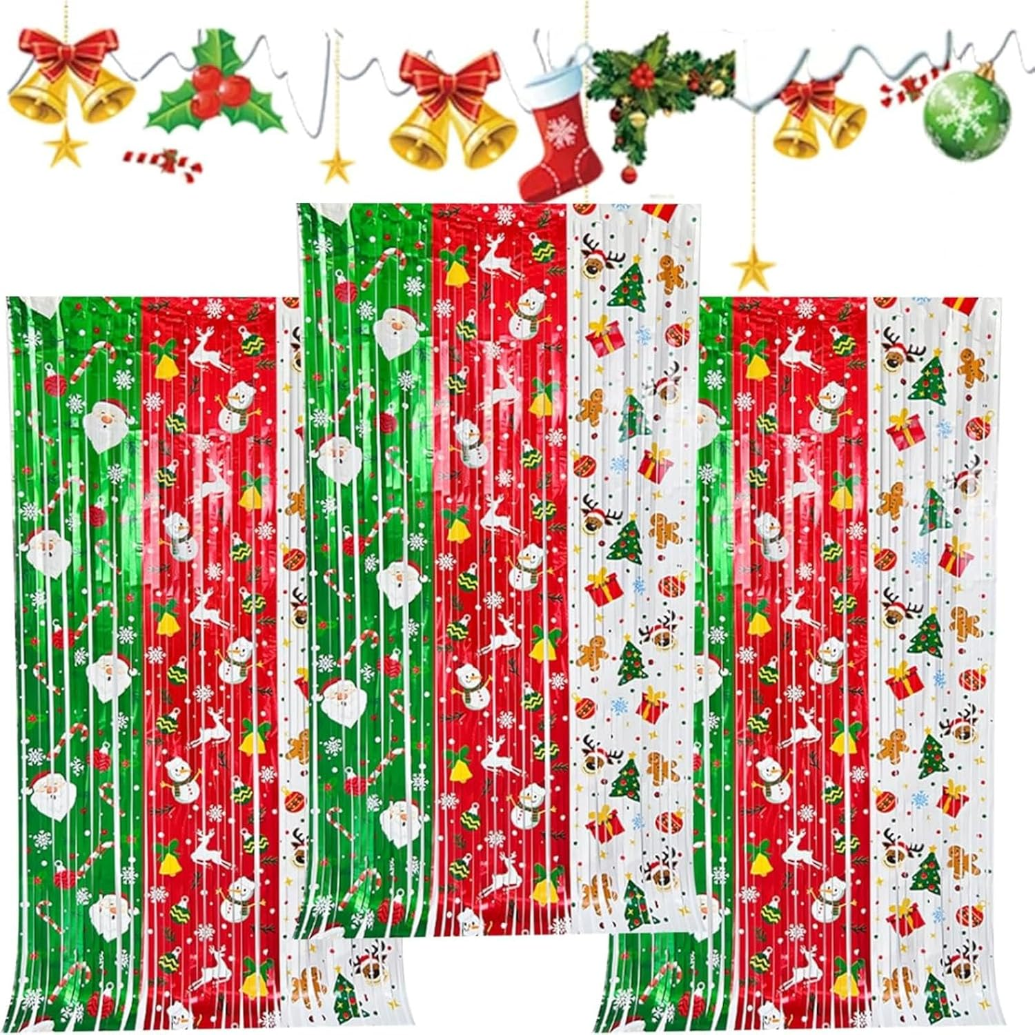 Christmas Foil Fringe Curtains - Santa Snowman Tree Design 100X200Cm Red White Green Tinsel Backdrop for Xmas in July, Aussie Christmas Parties, Photo Booth Decorations（3 Pack ） image number 6