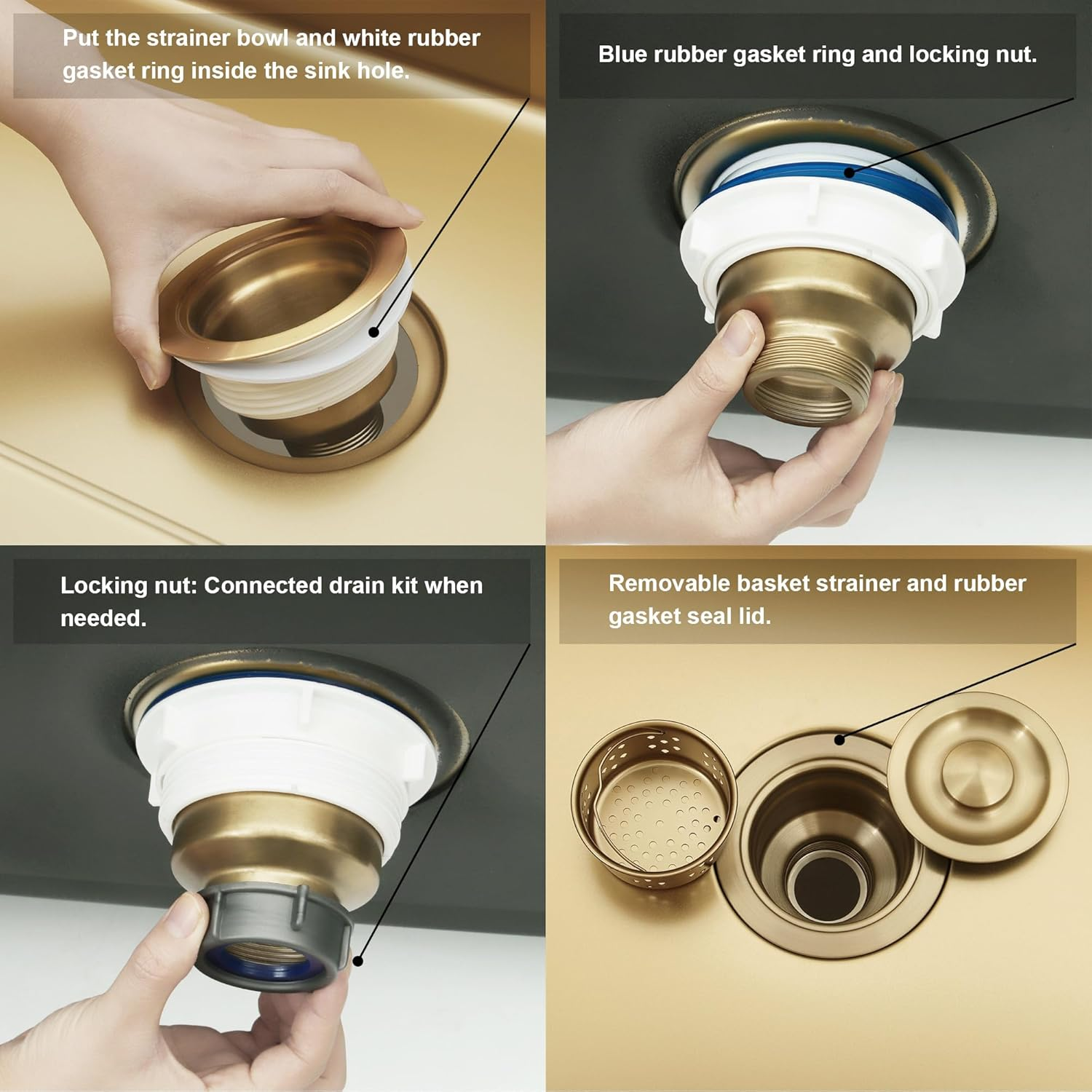 Kitchen Sink Strainer Assembly, Sink Drain 304 Stainless Steel with Removable Deep Waste Basket and Sealing Lid 3-1/2-Inch Golden - Gold+Decor Flat Cover image number 2