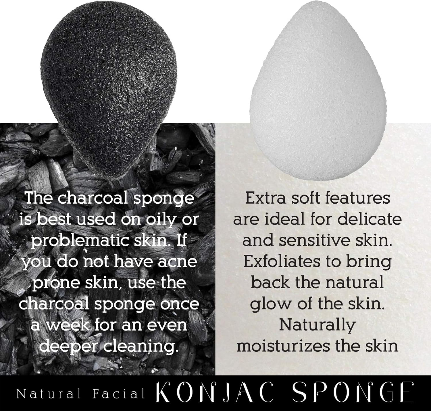 Pursonic Natural Konjac Bamboo Charcoal Facial Sponge for Gentle Face Cleansing and Exfoliation, Helps with Clogged Pores 100% Bio-Degradable,Vegan Products, 2- Pack image number 2