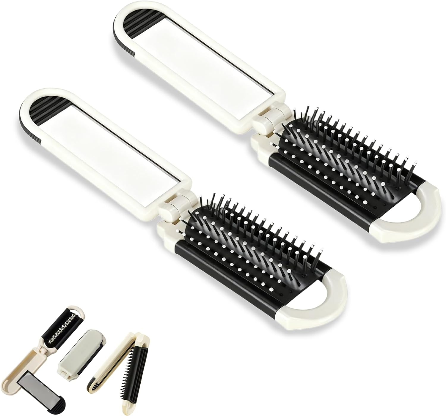 Jeyzuroa 2 Pack Travel Hair Brush, Mini Travel Essentials with Detachable Mirror, Compact Folding Hairbrush for Women Men, Portable Brushes and Combs for Purse Gym Trip Outdoor Styling
