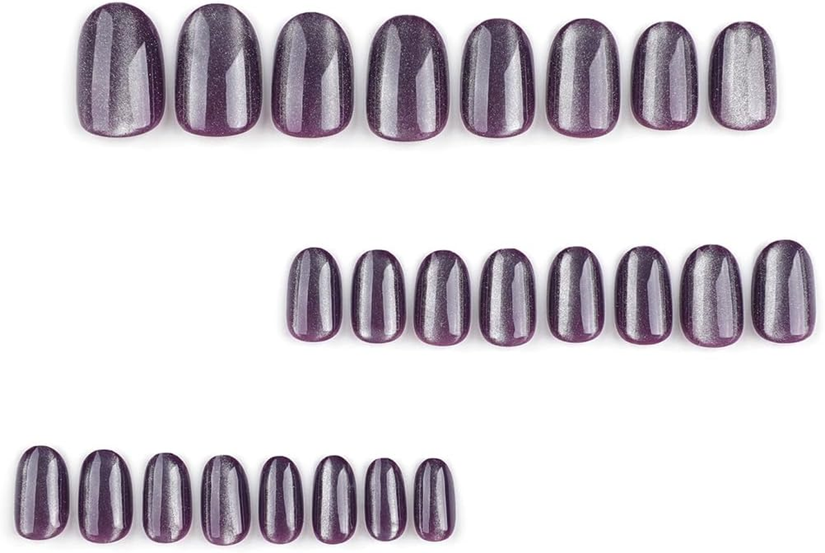 Cat Eyes Press on Nails,24 PCS Purple Glitter False Nails Glossy Short Fake Nails Full Cover Stick on Nails with Designs for Women and Girls Daily Decoration