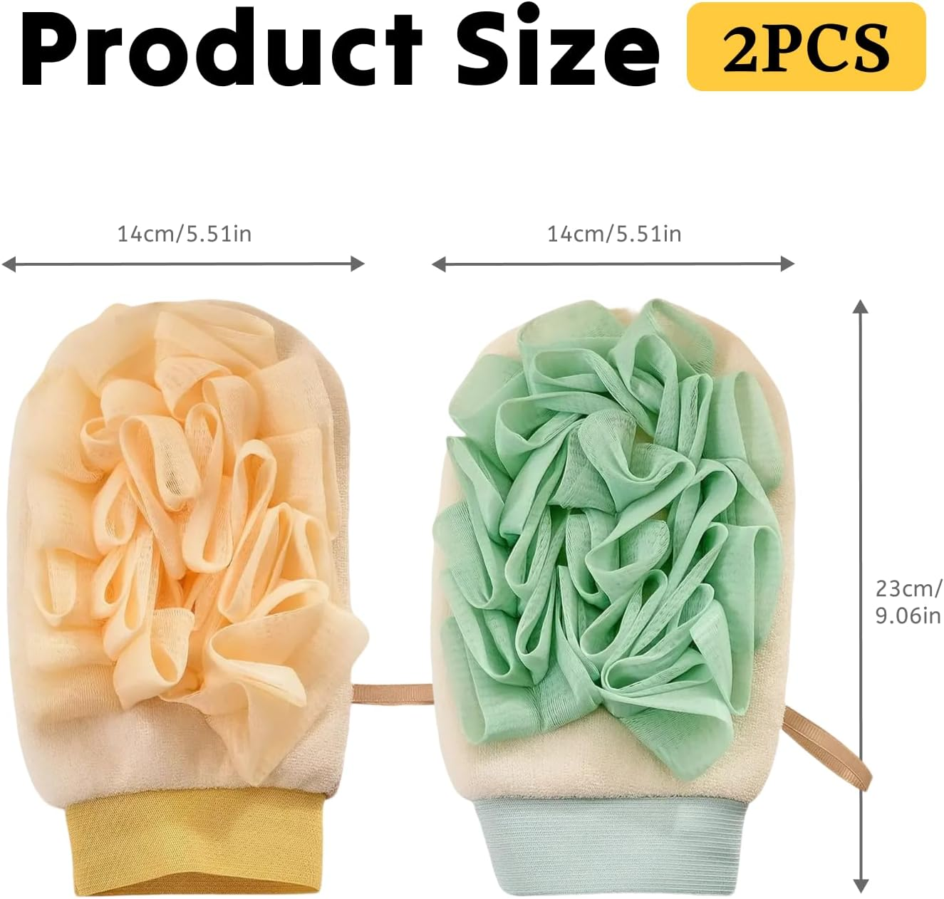 2 Pcs Exfoliating Gloves, 100% Vegan Adhesive Body Scrub Gloves for Removing Dead Skin Spa Grade Shower Exfoliating Product, Leaving Skin Smooth, Shiny, Green, and Yellow image number 1