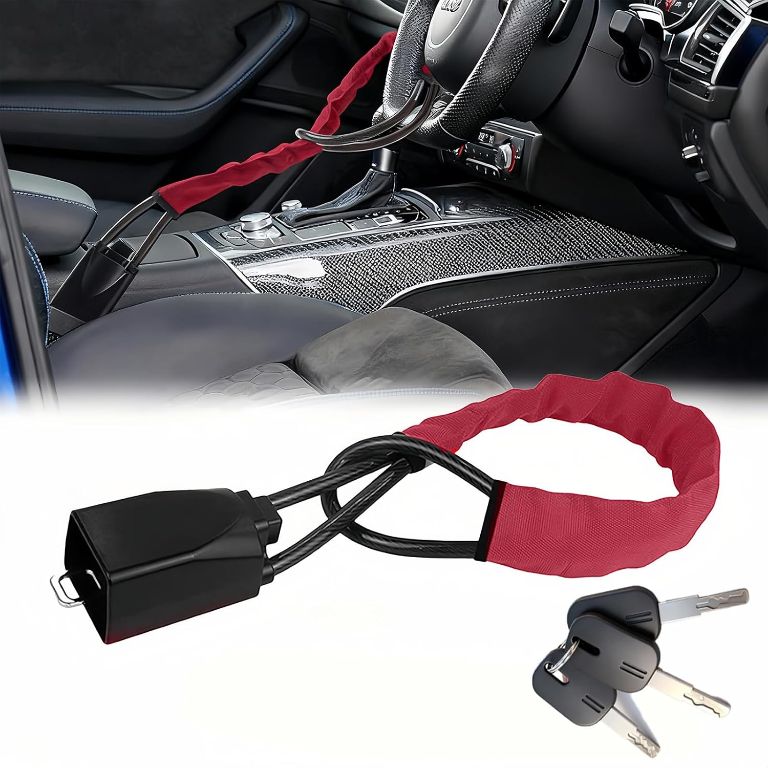 Car Steering Wheel Lock & Seat Belt Lock - Universal Anti-Theft for Cars, Suvs, Golf Carts, Max 17&rdquo; Length | Compact, Lightweight & Multi-Functional Security Device with 3 Keys (Black)