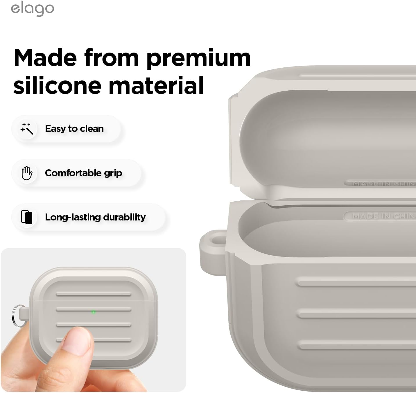 Elago Armor Case Compatible with Airpods Pro 3 Case Cover - Carabiner Included, Supports Wireless Charging, Shock Resistant, Full Protection (Stone) - Black image number 6