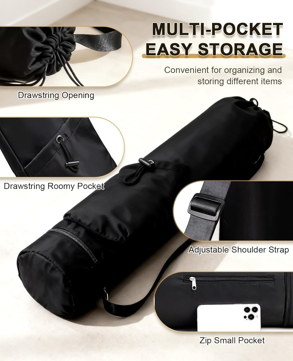 Yoga Mat Bag Waterproof Adjustable Strap Multi-Pocket Gym Travel Beach Park Classroom Accessories with Wet Pocket