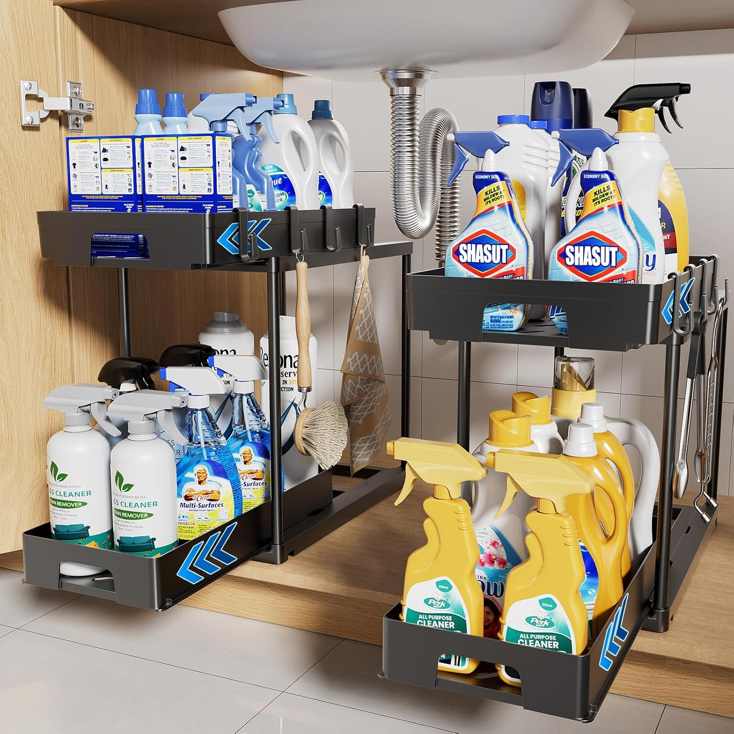 Delamu under Sink Organizers and Storage, 2 Pack Pull Out Kitchen Bathroom Cabinet Organizer, 2 Tier Black under Sink Storage for Bathroom Kitchen, under Counter Storage Organizer with 8 Hooks