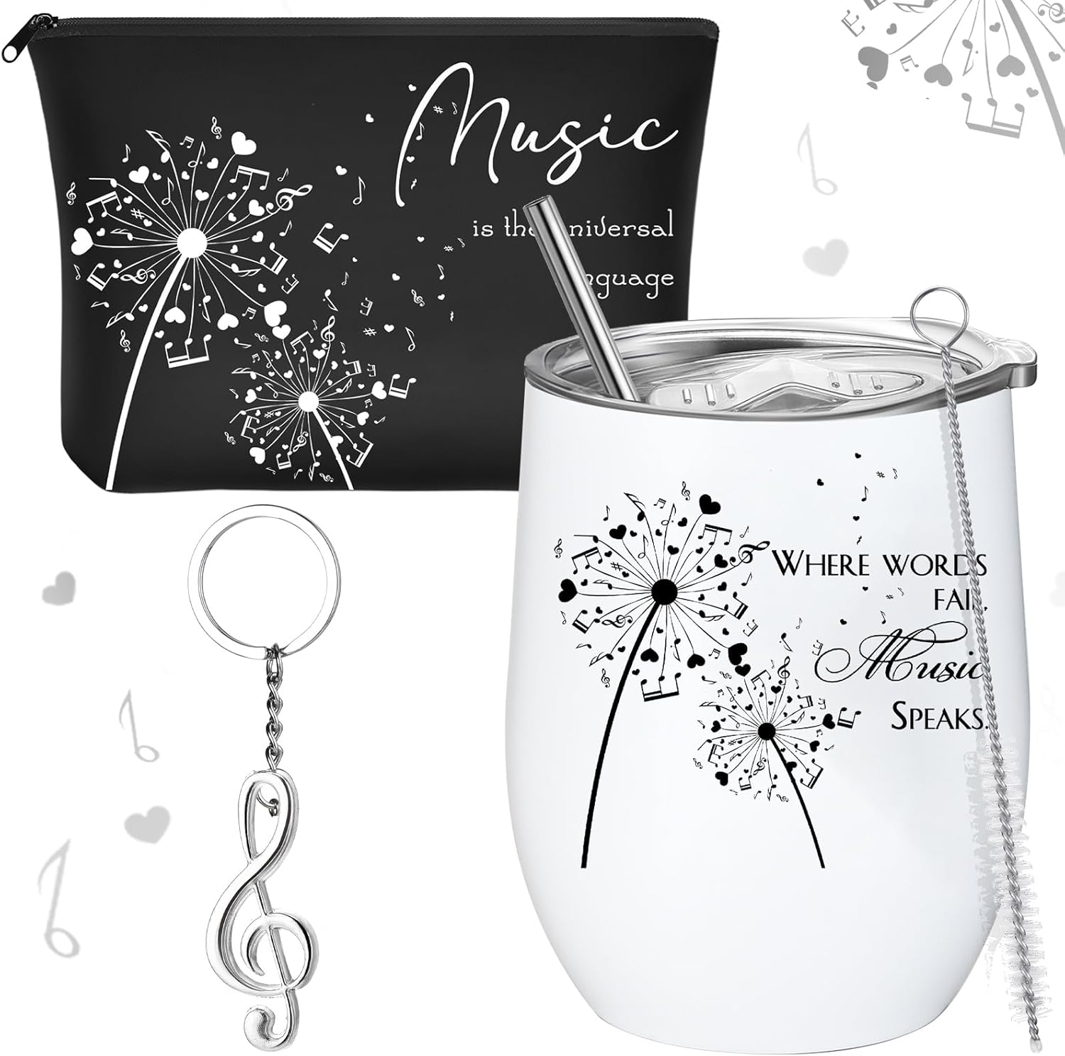Sieral 12 Oz Music Themed Wine Tumbler & Cosmetic Bag & Keychain Set for Music Lovers & Teachers image number 2