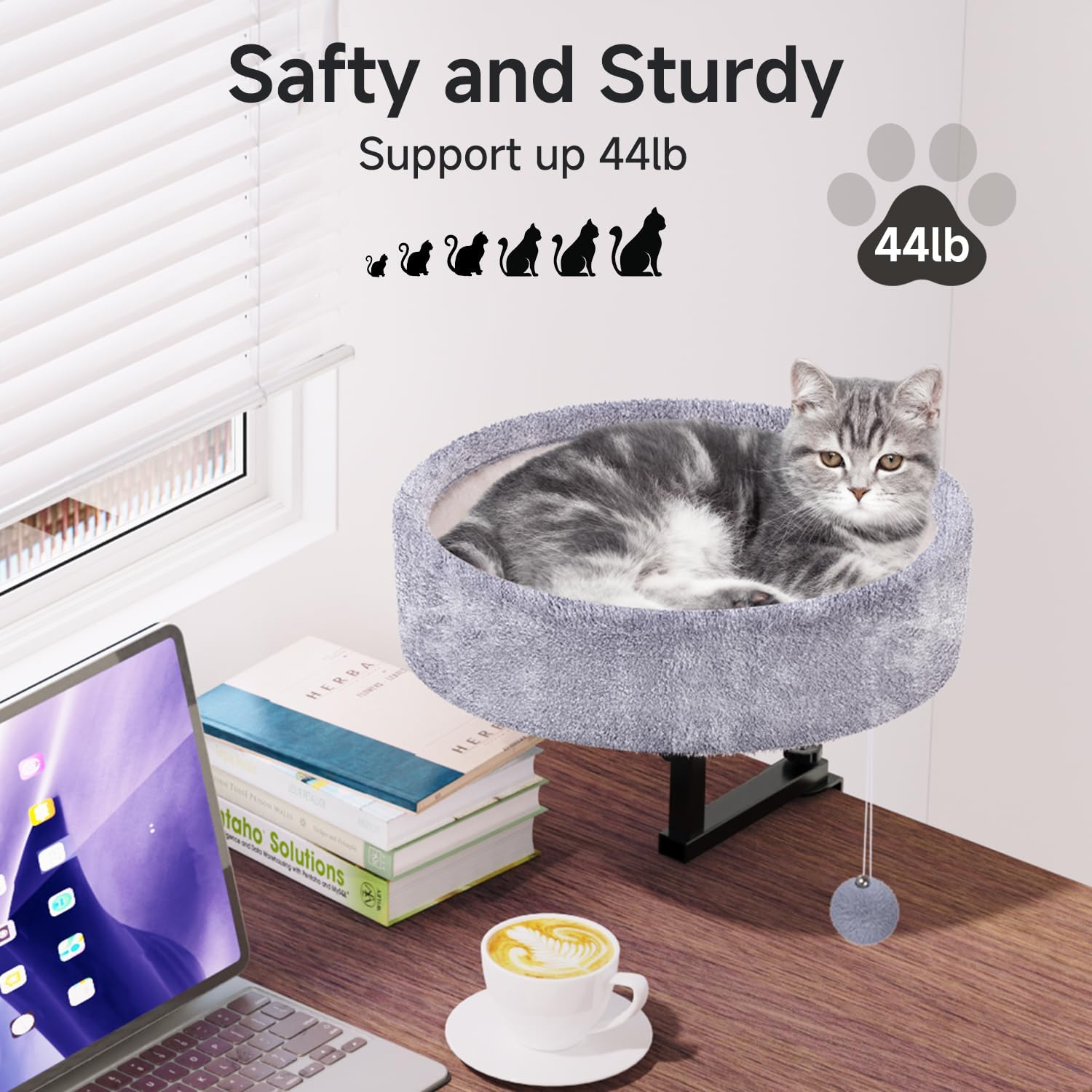Cat Desk Bed - 360&deg; Rotating & Adjustable, Supports 44 Lbs, Soft Faux Fur with Dual-Sided Reversible Mat, Modern Indoor Cat Nest Furniture for Office Desks and Game Tables, Island Table - Brown image number 4