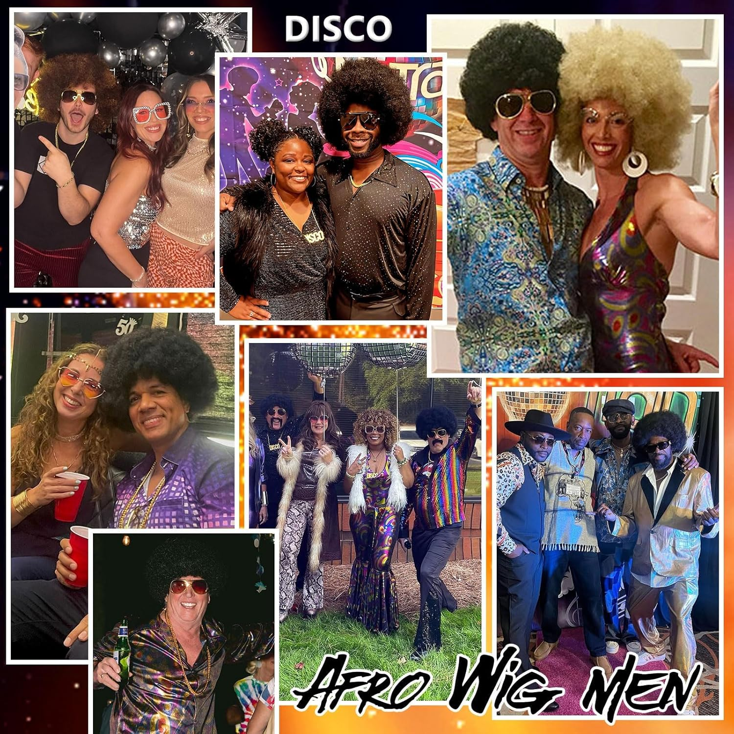 Mens Afro for 70S Rocker Disco Party 5Pcs Set (Wig+ Glasses+ Disco Necklace+ Mustache+ Wig Cap) Afro Puff Wigs for 70S 80S Halloween Costume Cosplay image number 5
